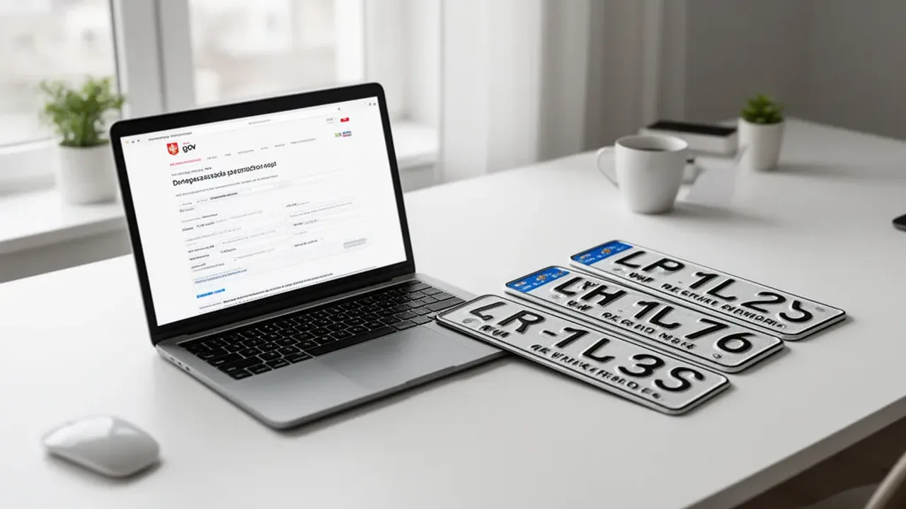 Jak wyrejestrować auto przez internet? Praktyczny poradnik krok po kroku Laptop z otwartym portalem rządowym i tablicami rejestracyjnymi jako instrukcja jak wyrejestrować auto przez internet.