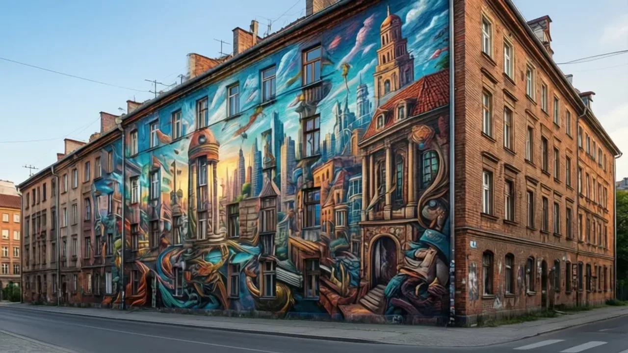 Murale w Warszawie: Przewodnik po dziełach Tytusa Brzozowskiego Wielkoformatowe murale w Warszawie zdobiące zabytkową kamienicę w stylu surrealistycznym.