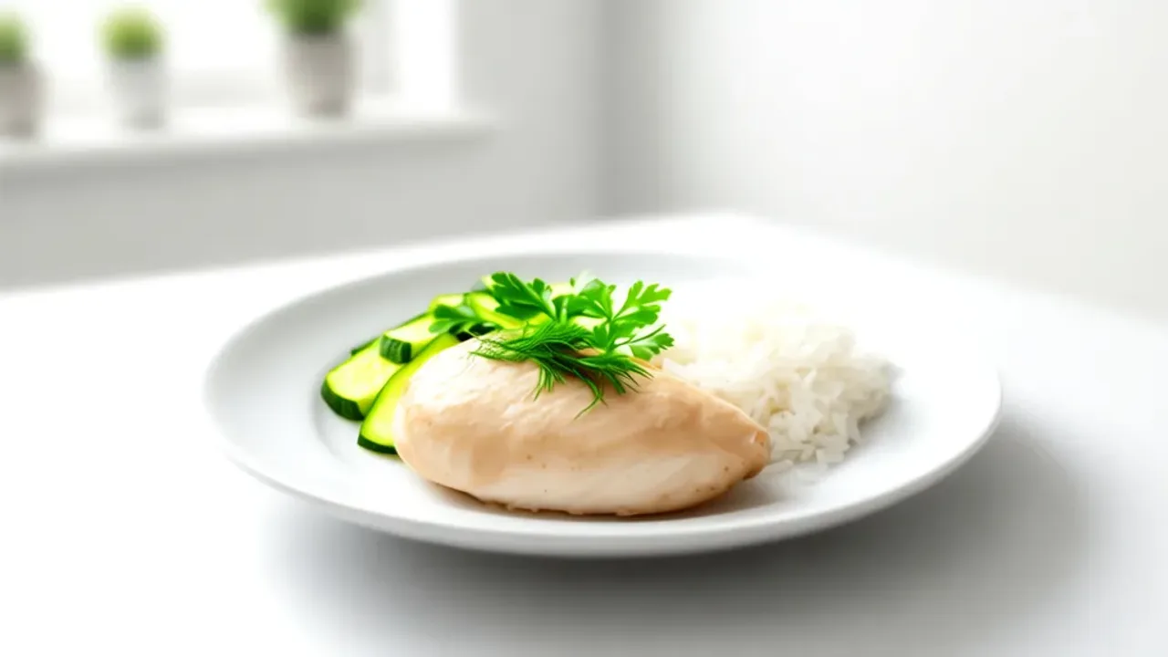 Pierś z kurczaka dieta lekkostrawna: soczysty, dietetyczny obiad z cukinią Soczysta pierś z kurczaka dieta lekkostrawna podana z ryżem, cukinią i świeżymi ziołami na białym talerzu.