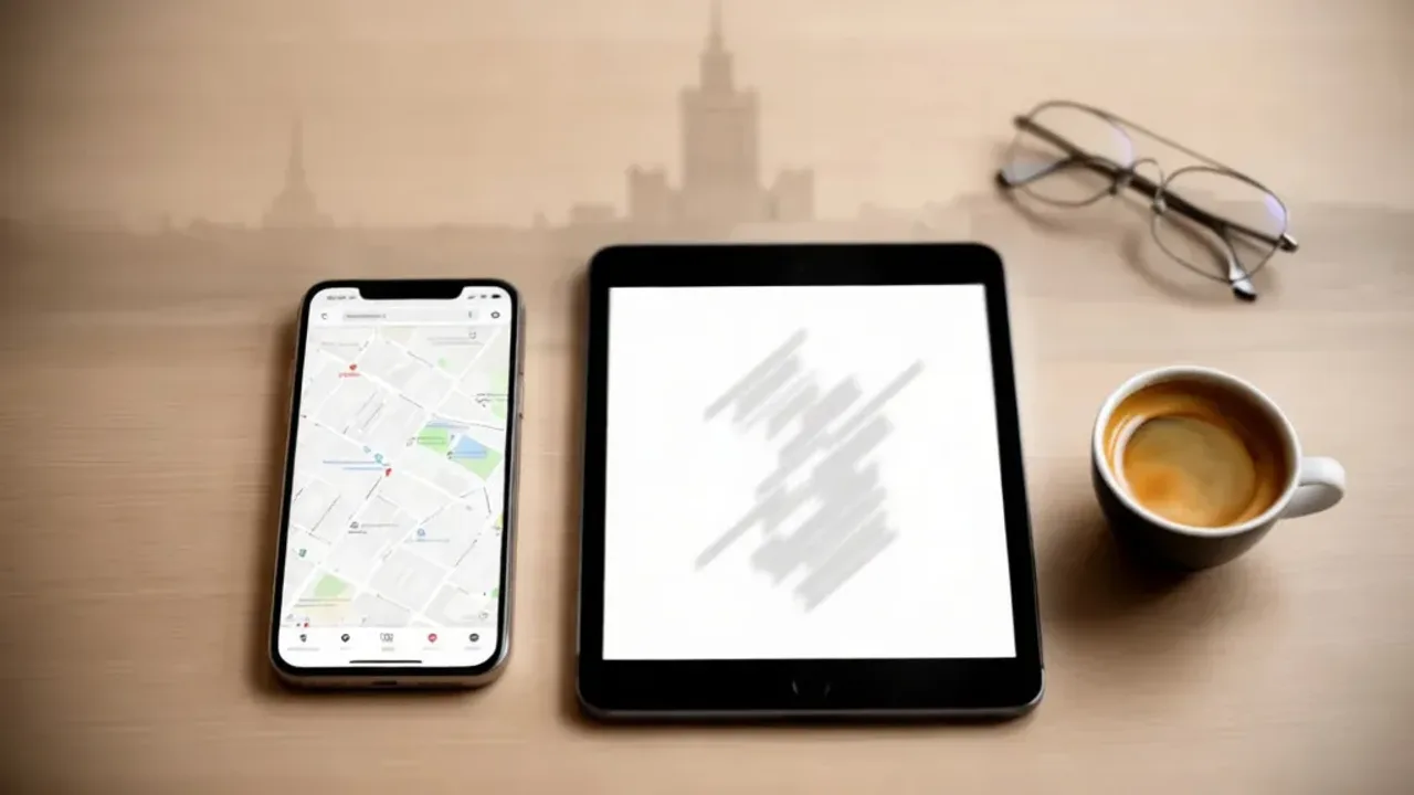 Przewodnik po warszawie pdf: jak pobrać broszury i zwiedzać każdy obiekt? Smartfon wyświetlający przewodnik po warszawie pdf obok mapy stolicy.