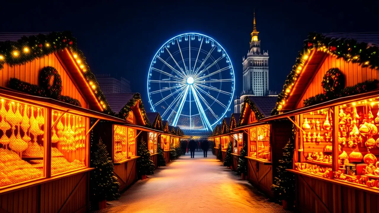 Targi świąteczne Warszawa 2025: Jarmarki i targi bożonarodzeniowe Oświetlone drewniane domki i diabelski młyn na wydarzeniu targi świąteczne Warszawa przy Pałacu Kultury i Nauki.