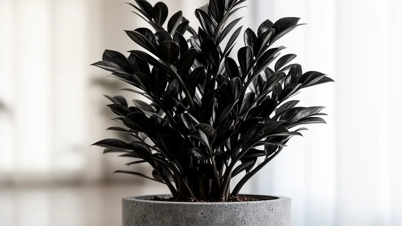 Zamiokulkas supernova: Zamioculcas zamiifolia – praktyczny poradnik uprawy Zamiokulkas supernova o błyszczących, niemal czarnych liściach w nowoczesnej, kamionkowej donicy na szarym tle.